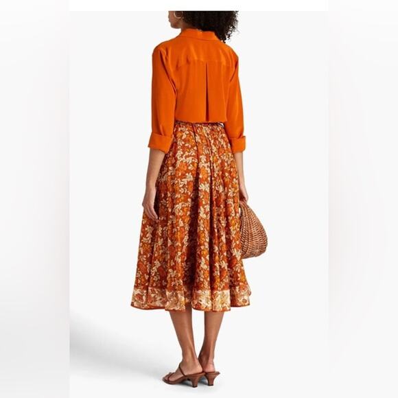 Zimmermann Andie Swing Gathered Floral Print Silk Midi Skirt Orange Beige Multi - Picture 2 of 14